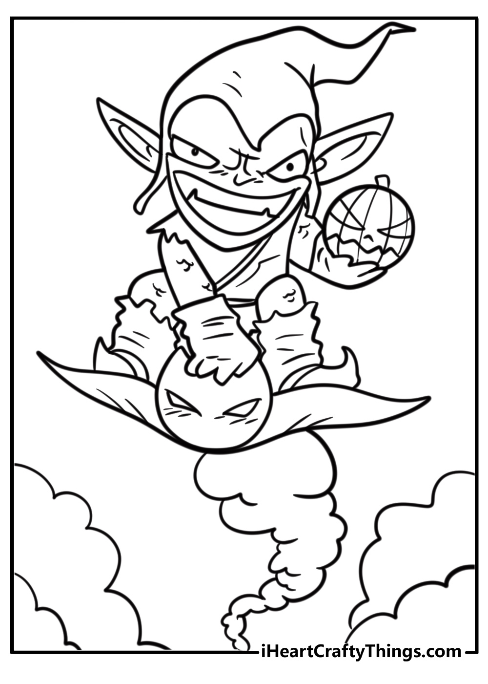 Green goblin throwing a pumpkin bomb free coloring page pdf