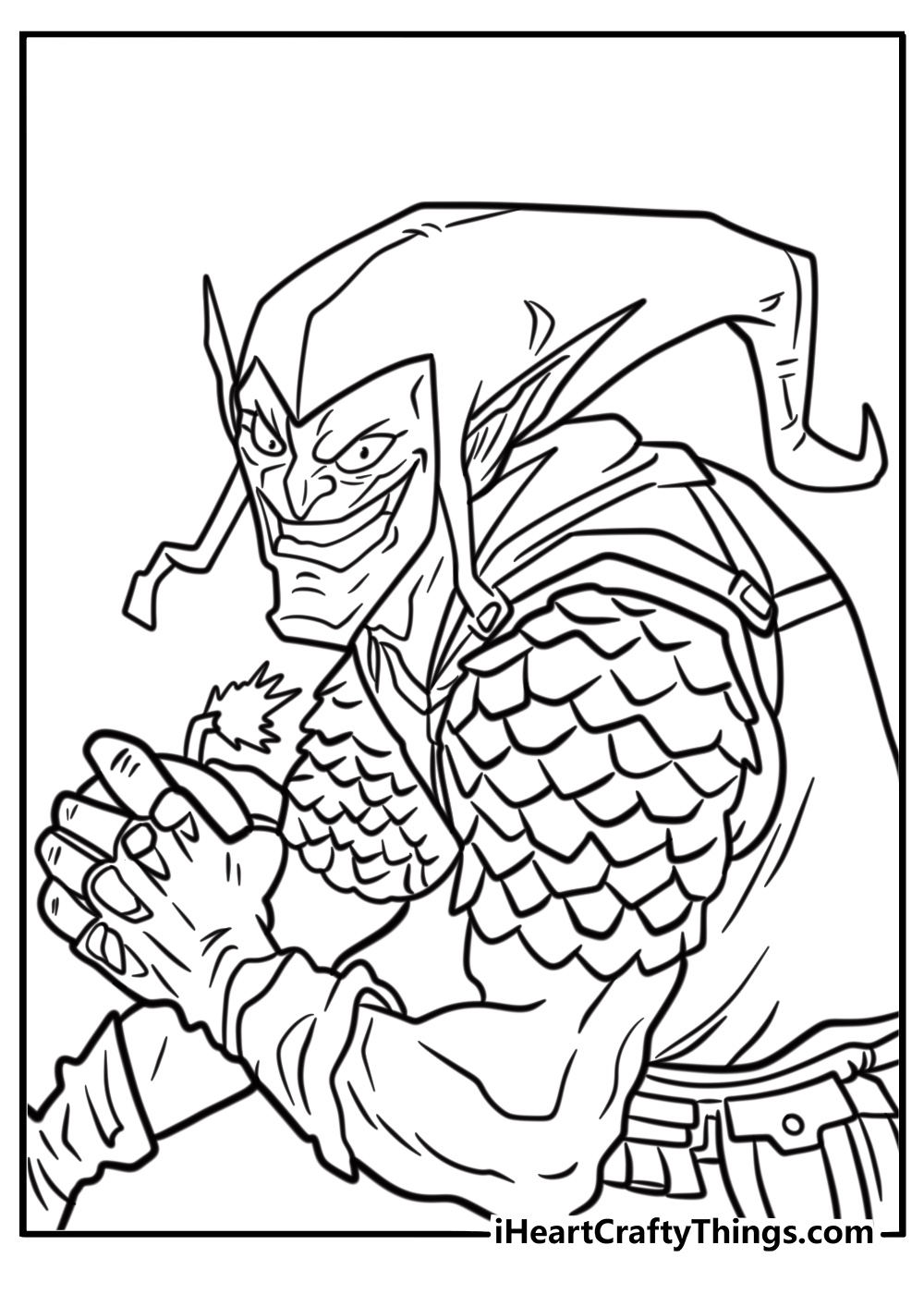 Green goblin with glowing pumpkin bombs coloring page