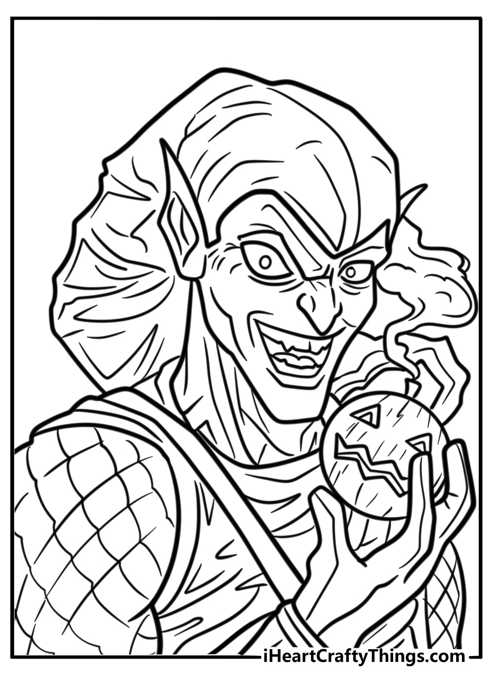 Green goblin with his evil eyes detailed coloring sheet