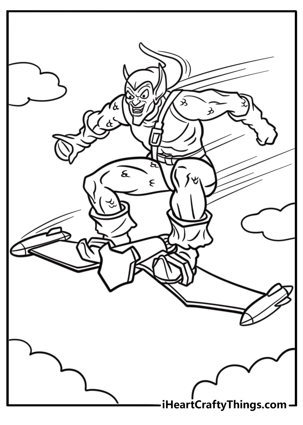 Green Goblin's glider speeding through the sky fun coloring sheet