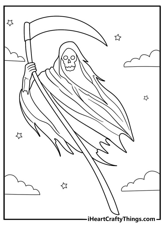 grim reaper flying through the night sky printable coloring page