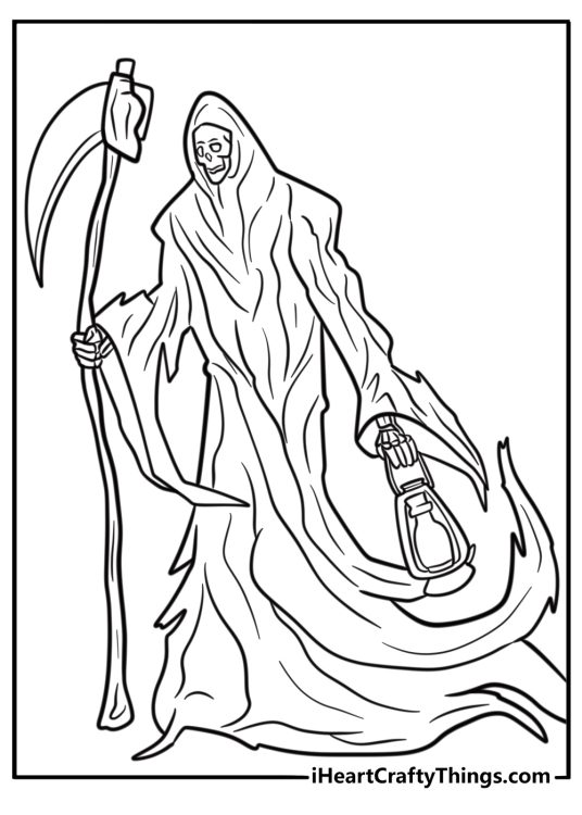 Grim reaper holding a lantern in the dark fun coloring sheet