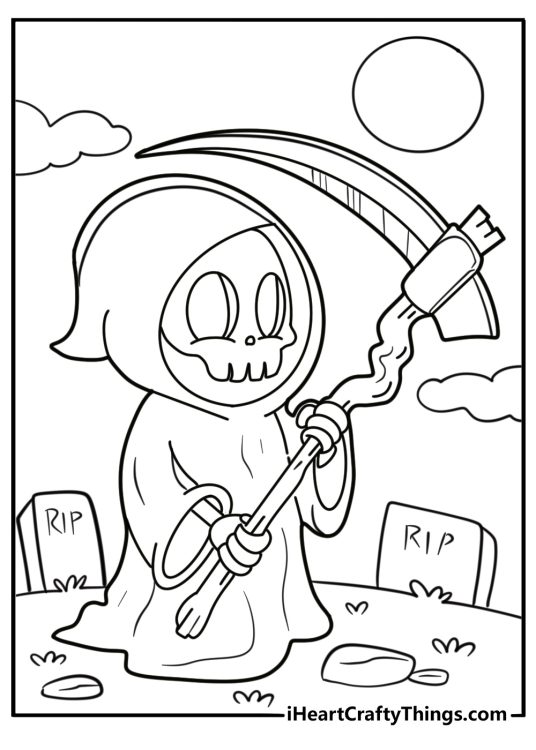 Grim reaper holding a scythe coloring page for kids