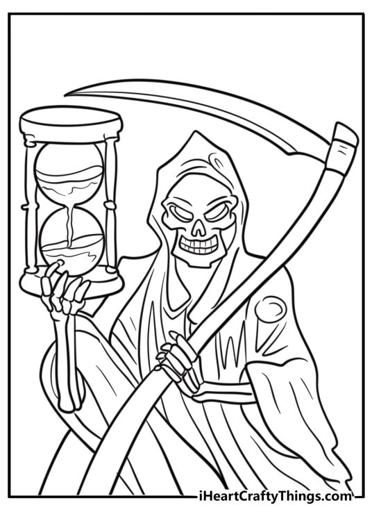 Grim reaper holding an hourglass detailed coloring sheet
