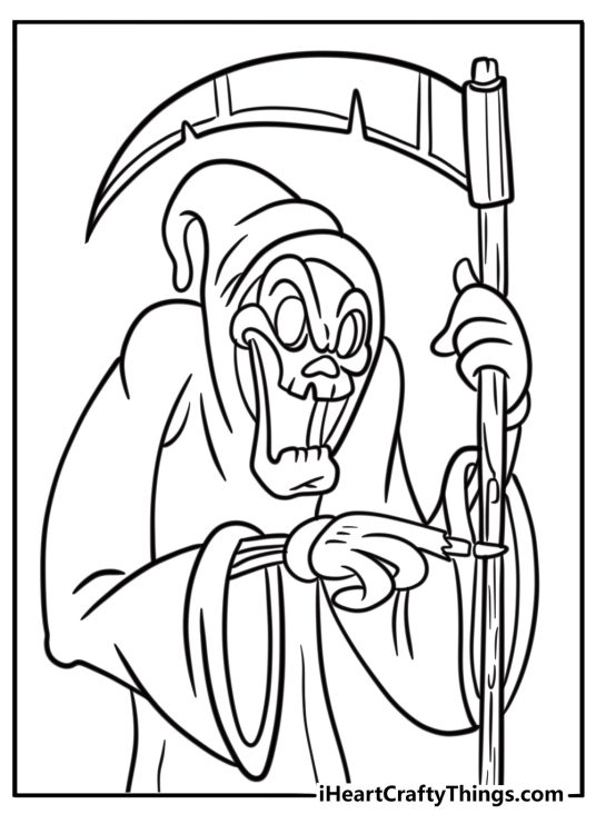 Grim reaper knocking on a door fun printable coloring sheet