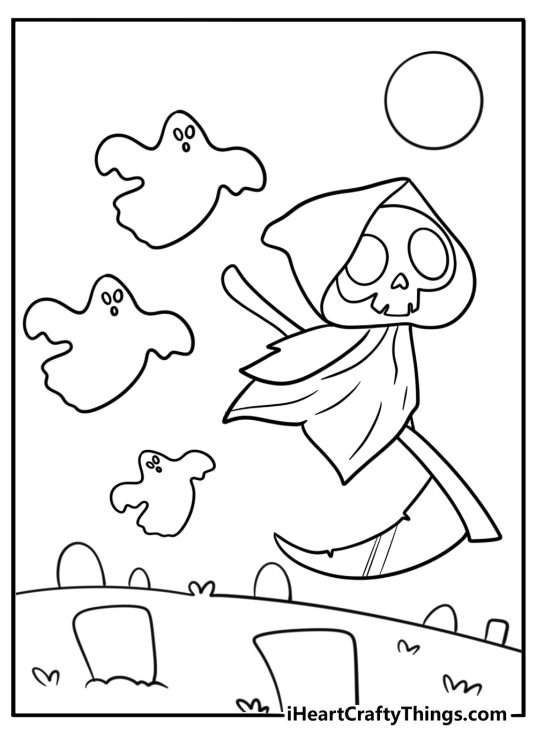Grim reaper leading lost souls detailed coloring sheet