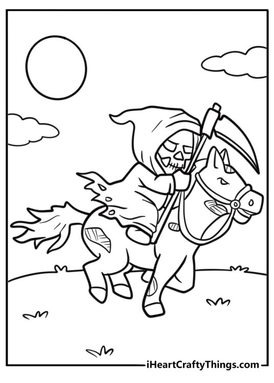 Grim reaper on a horse printable coloring page
