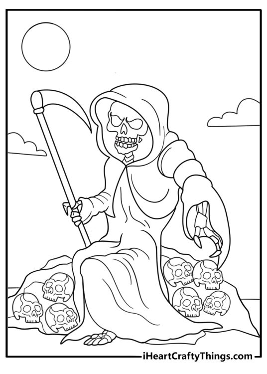 grim reaper sitting on a pile of skulls free printable coloring page