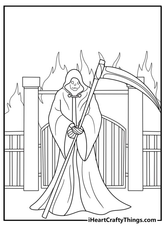 grim reaper standing at the gates of hell detailed coloring page for adults