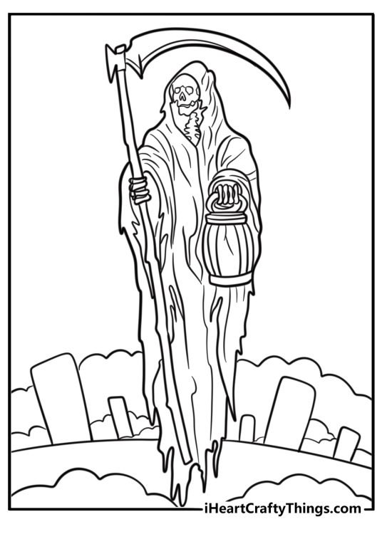 Grim reaper standing in a misty graveyard fun printable coloring sheet