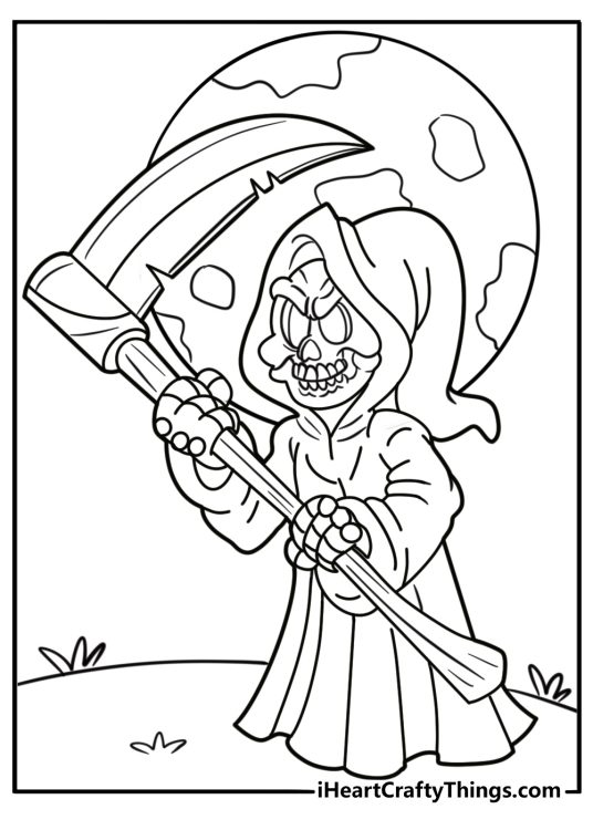 Grim reaper standing in front of a full moon detailed coloring sheet
