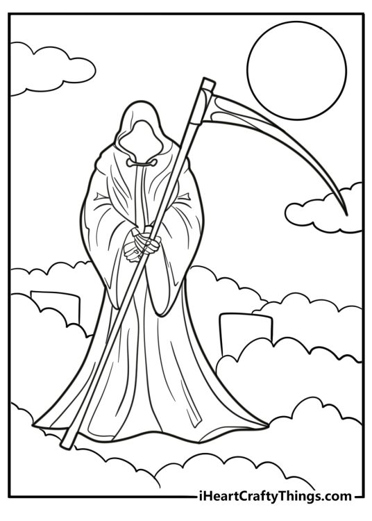 Grim reaper standing in the fog free coloring page pdf