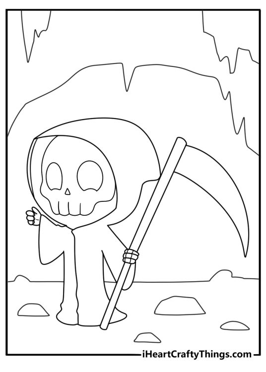 grim reaper standing inside a dark cave detailed coloring page