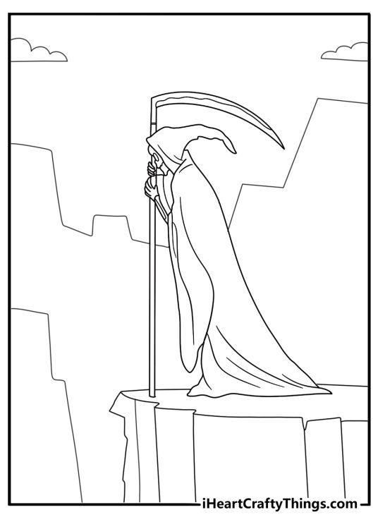grim reaper standing on a cliff with scythe free coloring page pdf