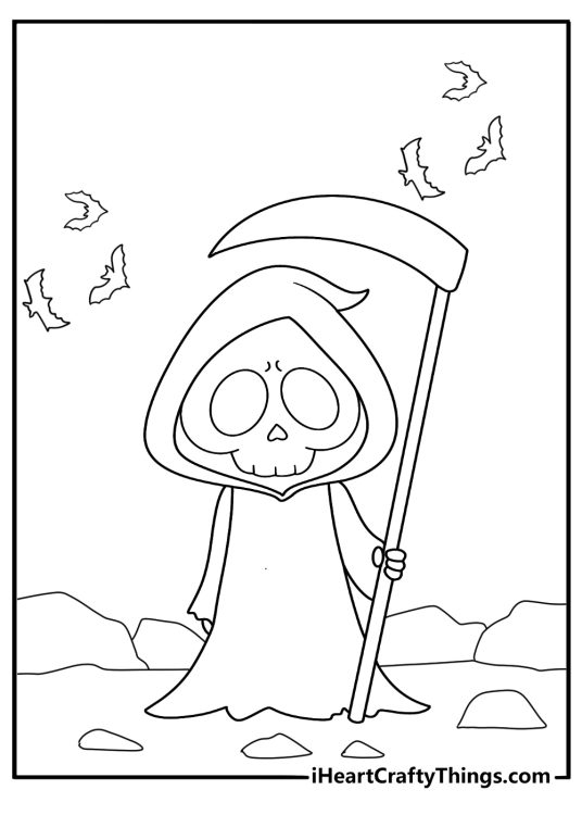 grim reaper surrounded by bats spooky coloring sheet