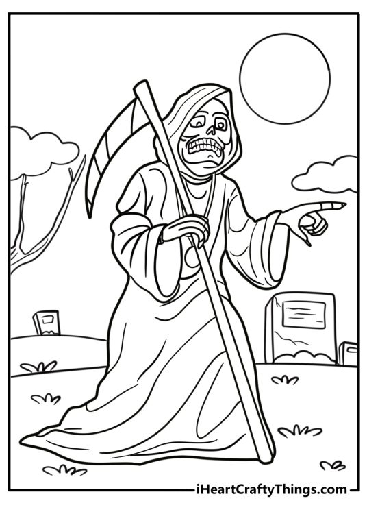 Grim reaper walking through a graveyard coloring page