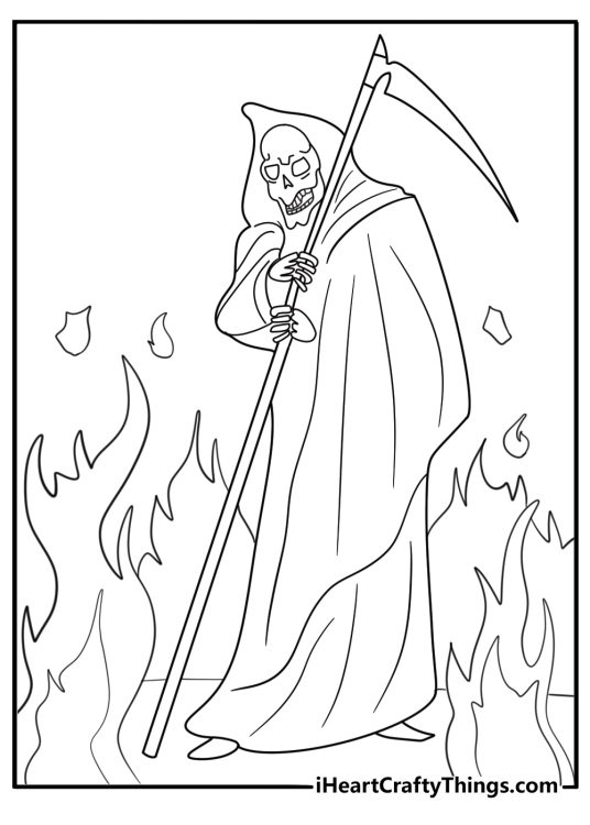 grim reaper walking through fire scary coloring sheet