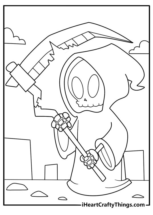 grim reaper with broken scythe easy coloring sheet for kids
