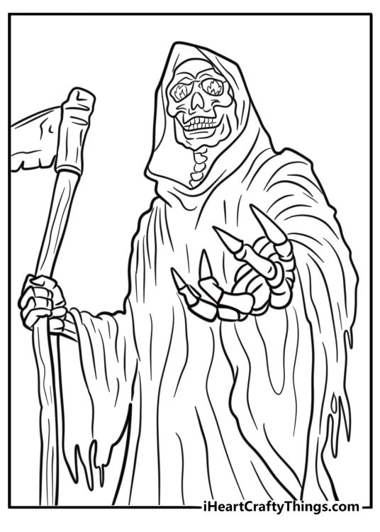 Grim reaper with fire in his eyes detailed coloring sheet
