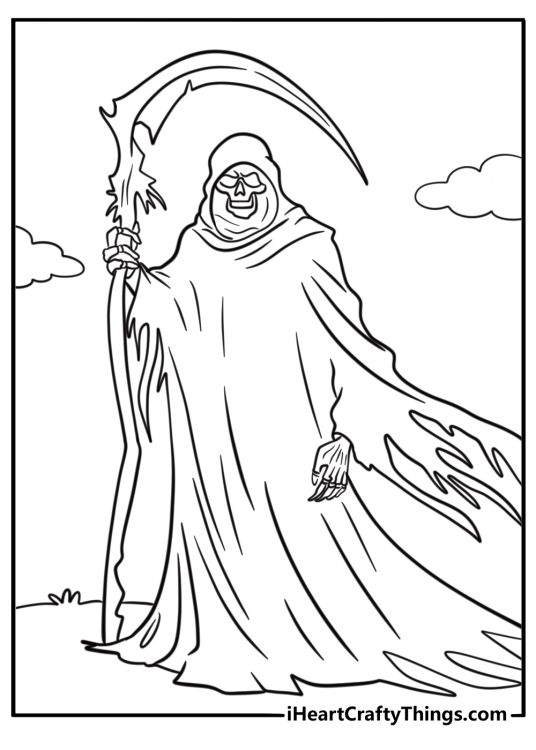 Grim reaper with glowing red eyes fun printable coloring sheet