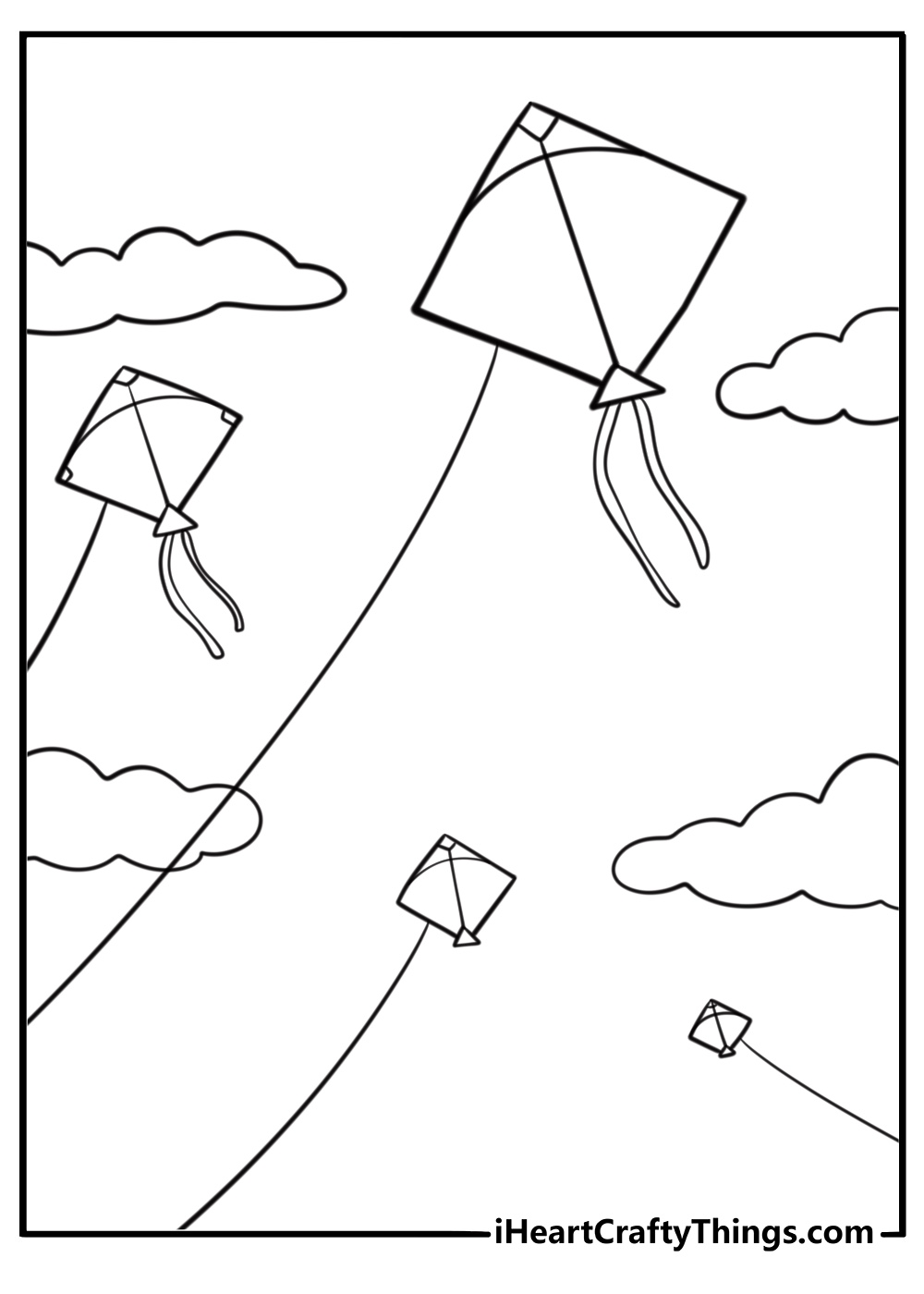 Group of kites flying together detailed coloring sheet