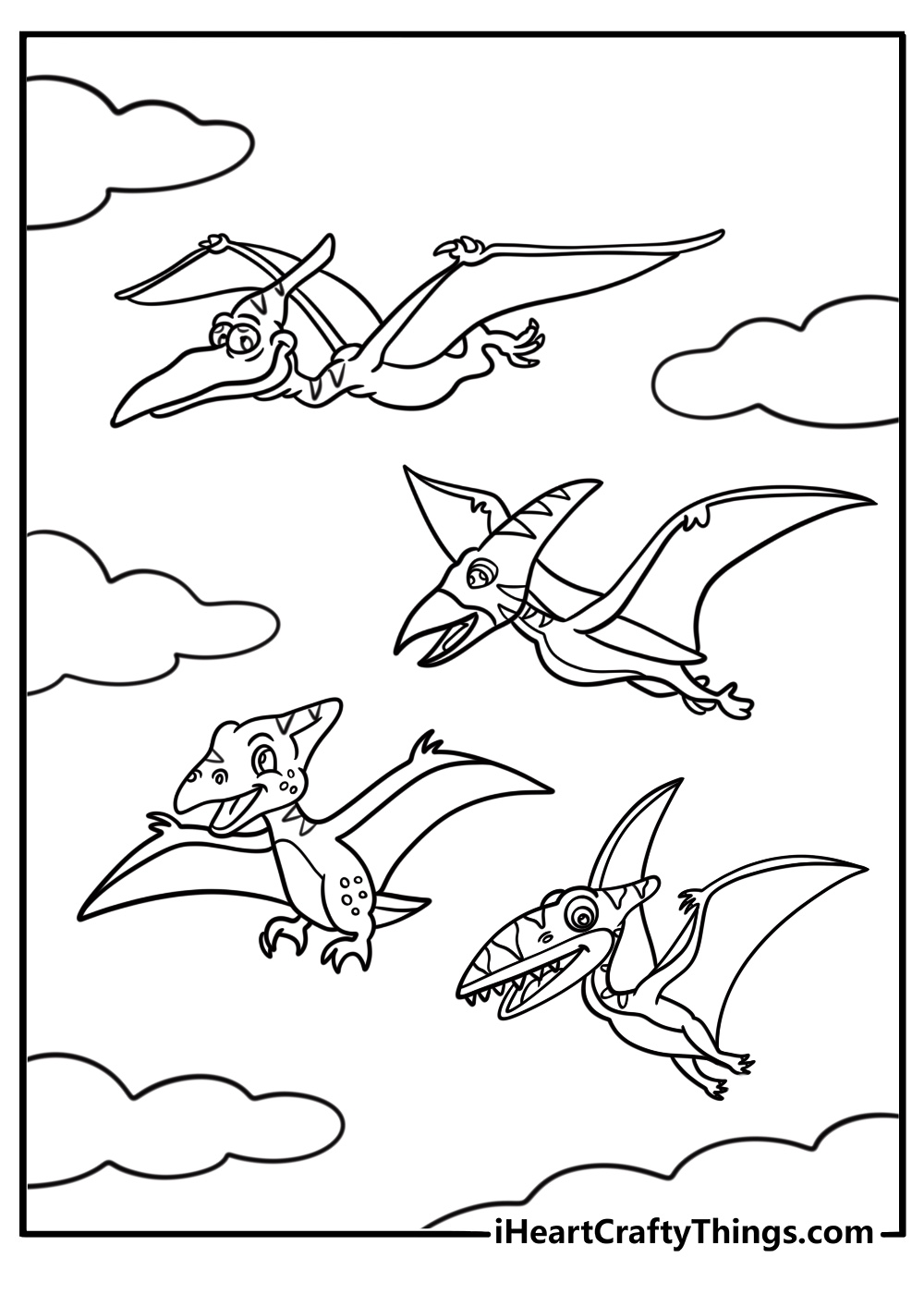 Group of pterodactyls flying together free coloring page pdf