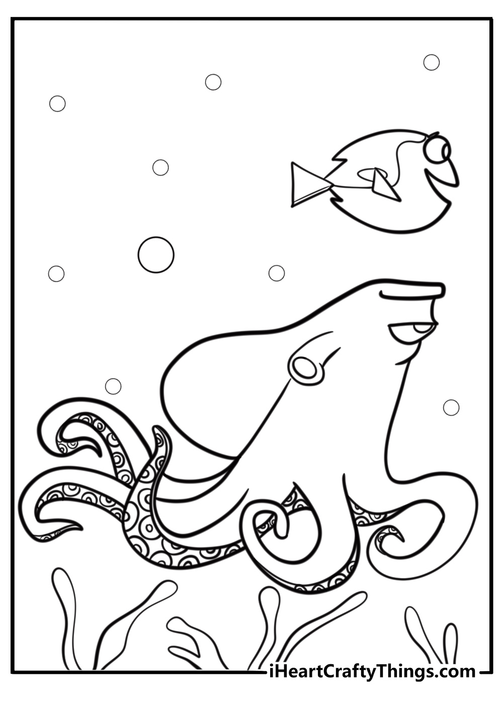 Hank helping dory escape from the marine life institute fun coloring sheet