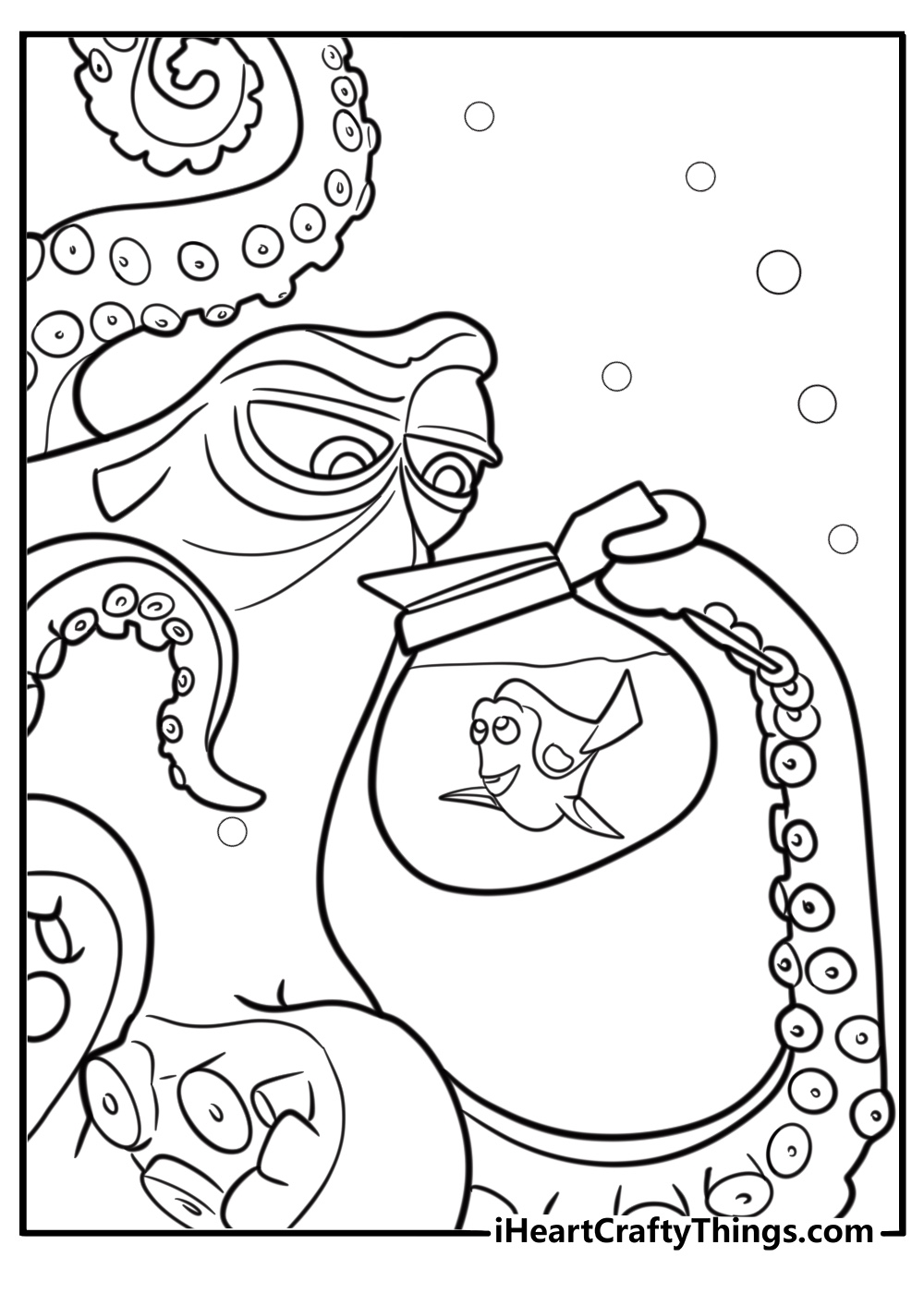 Hank holding Dory in a coffee pot detailed coloring sheet