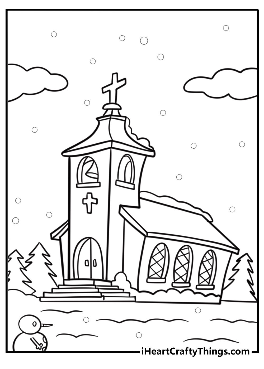 Historic church in a snowy landscape free coloring page pdf