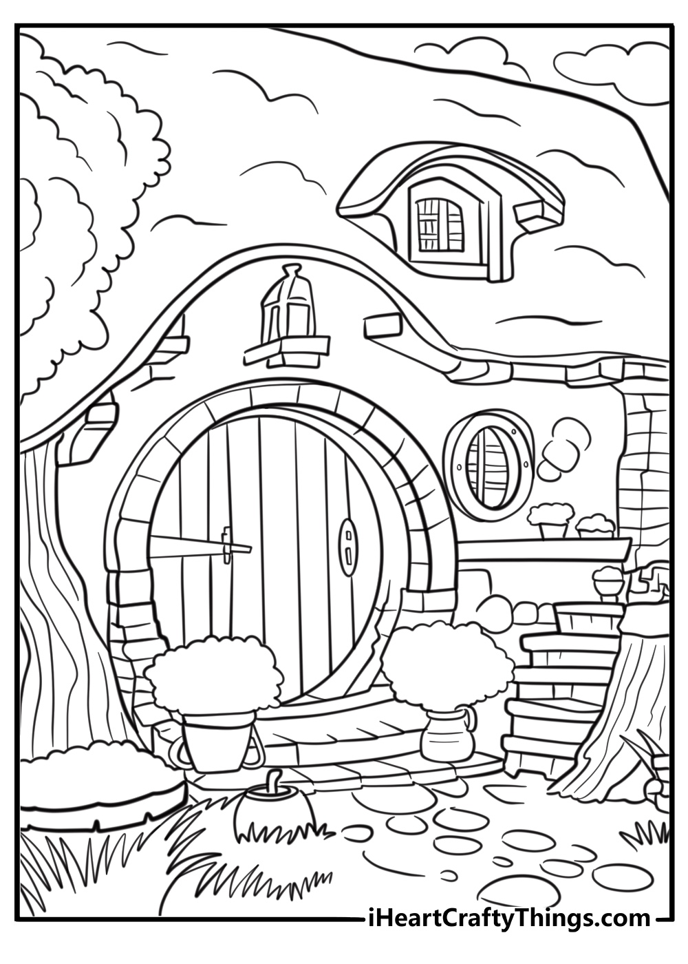 Hobbiton with cozy houses and gardens free coloring page pdf