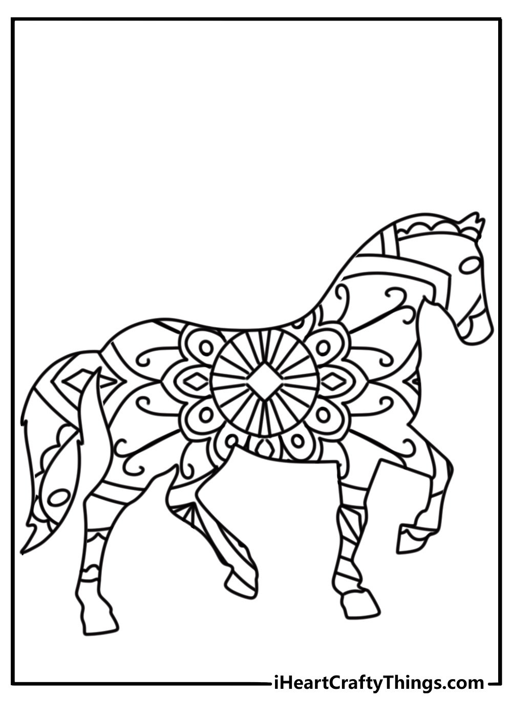 Horse mandala with swirling patterns free printable coloring page