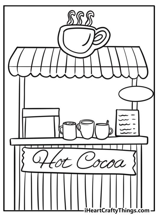 Hot cocoa stand with a festive holiday theme fun printable coloring sheet