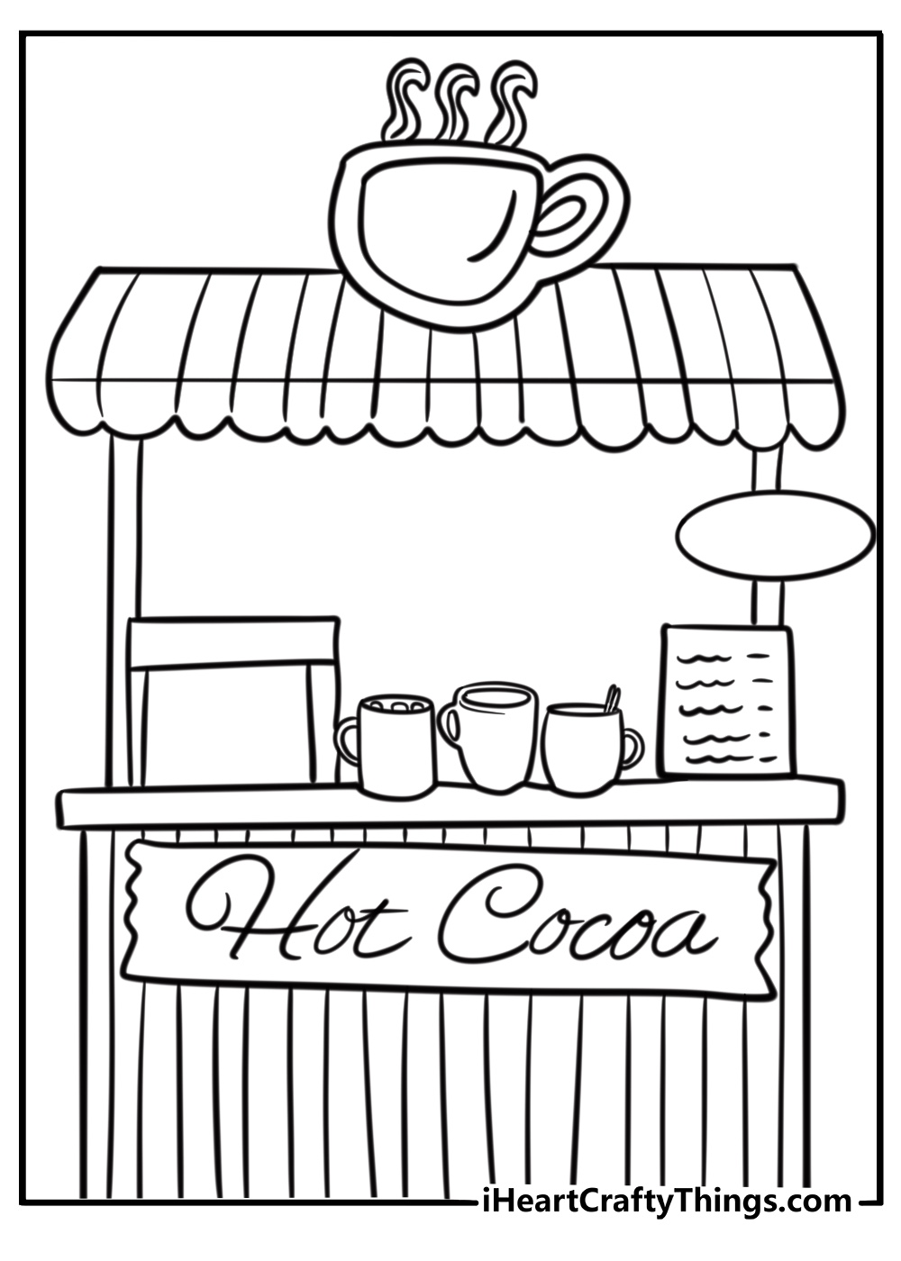 Hot cocoa stand with a festive holiday theme fun printable coloring sheet