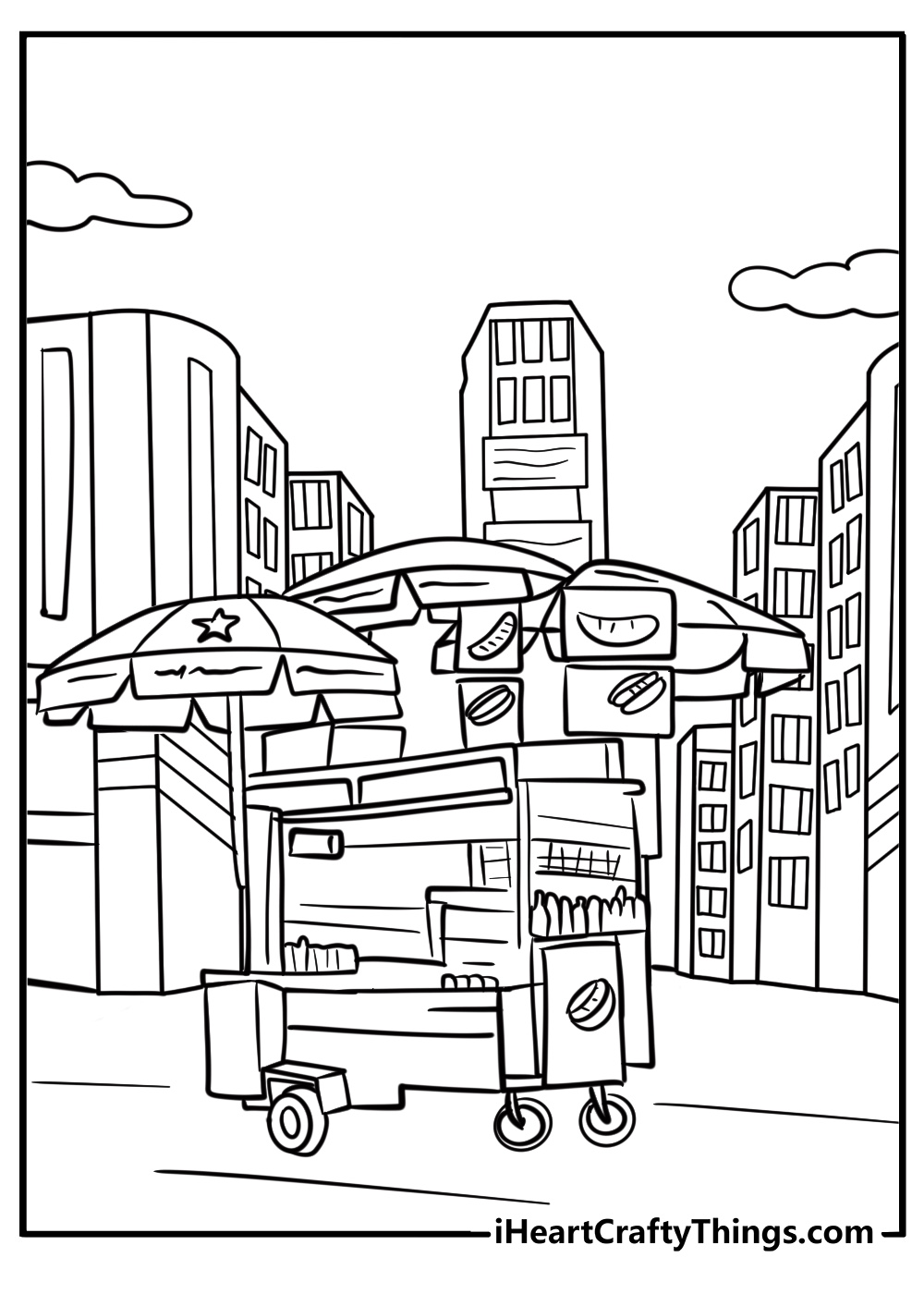 Hot dog cart on a busy new york street free coloring page pdf