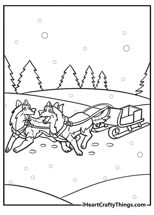 Husky dog pulling a sled fun arctic animals coloring sheet