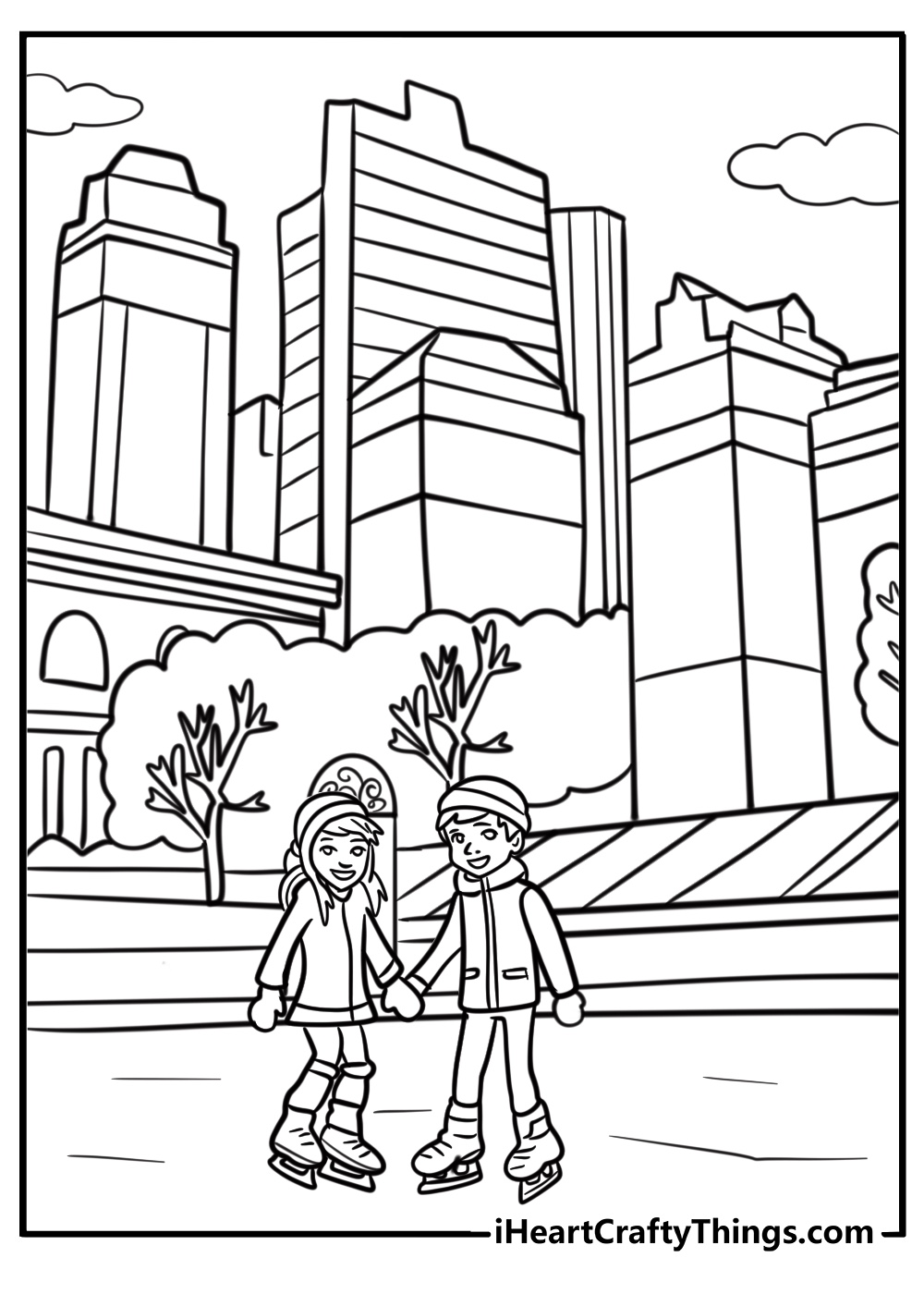 Ice skaters at Rockefeller Center free coloring page pdf