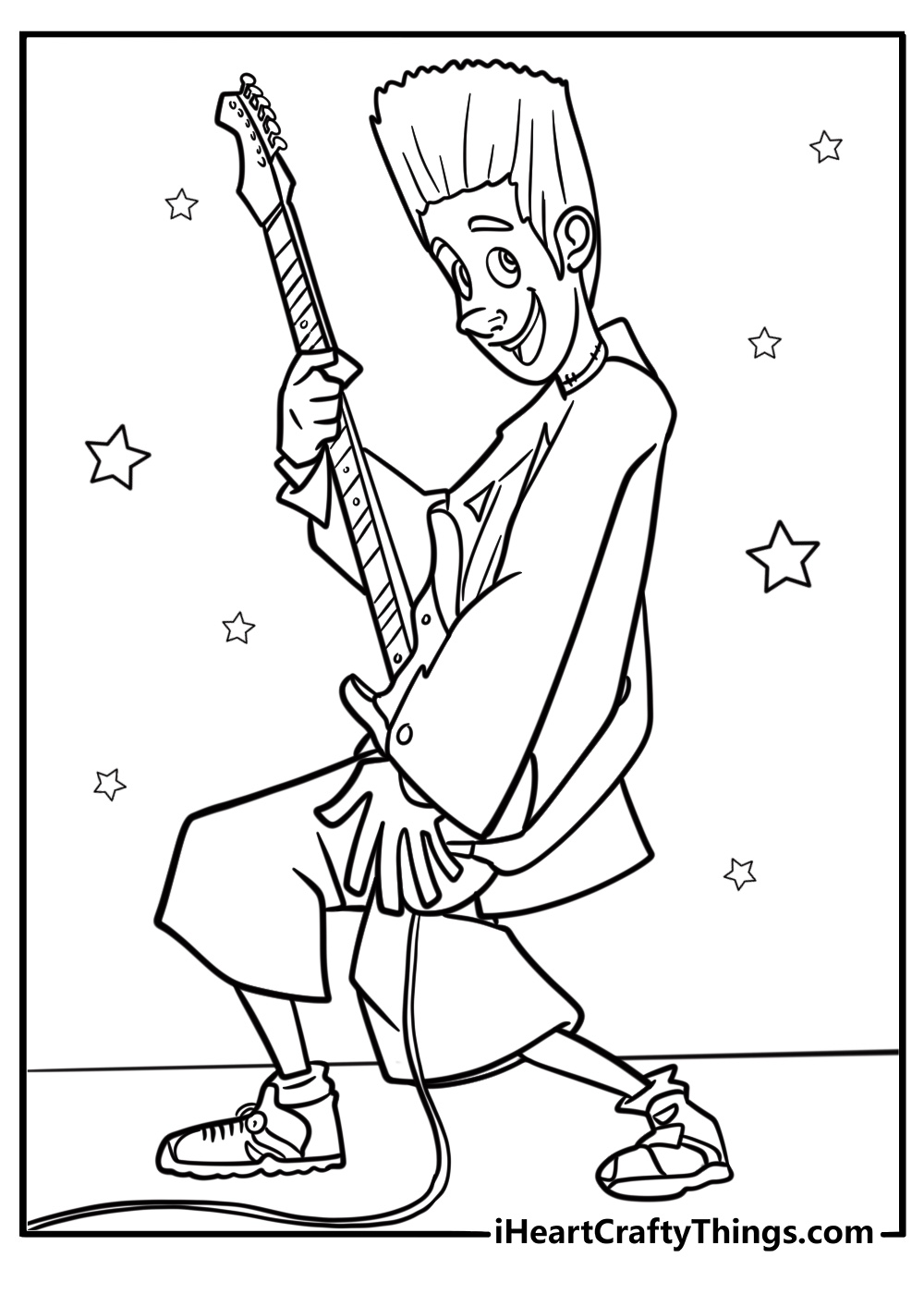 Johnny playing guitar at the monster party fun printable coloring sheet