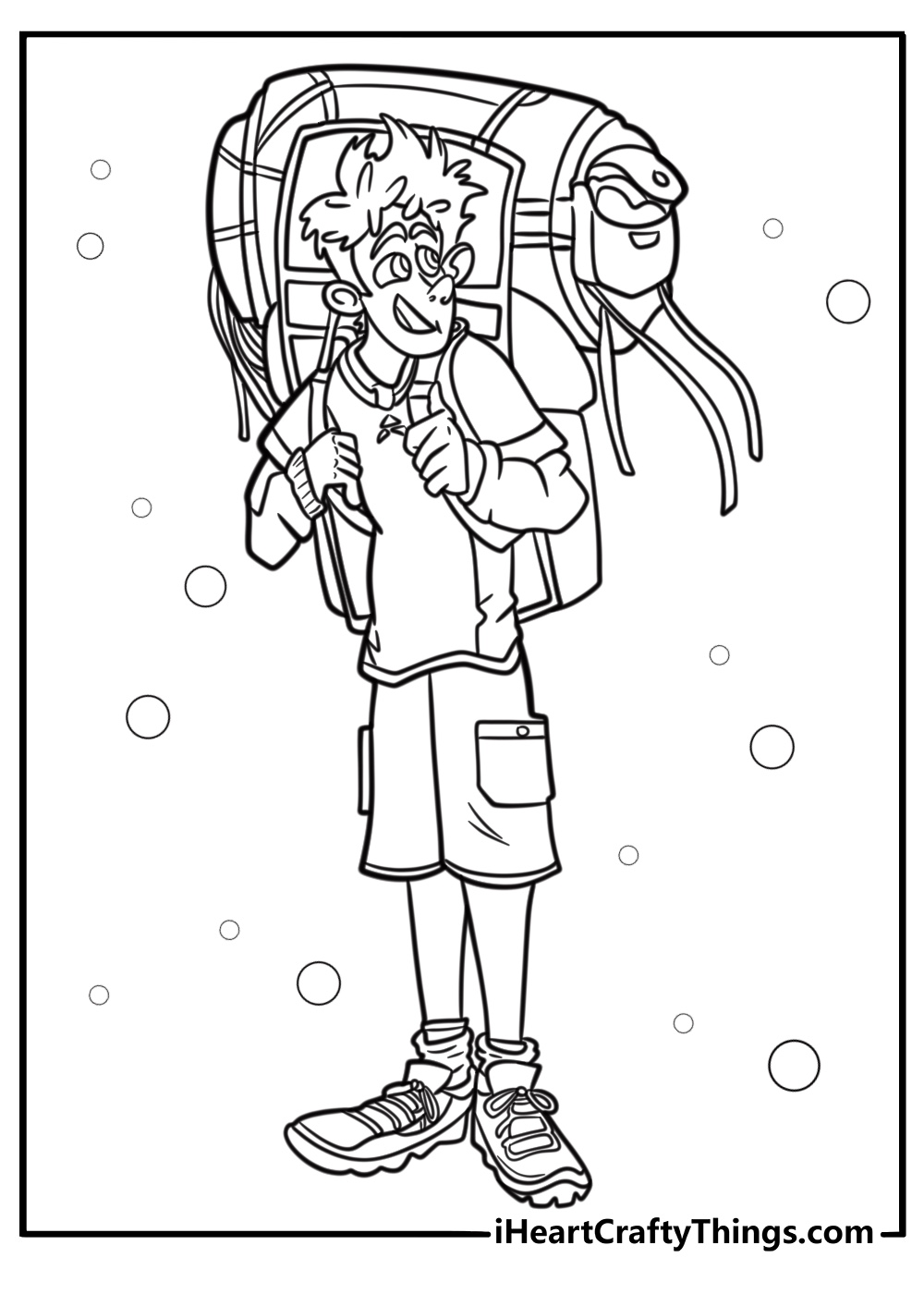 Johnny with his backpack arriving at the hotel free coloring page pdf