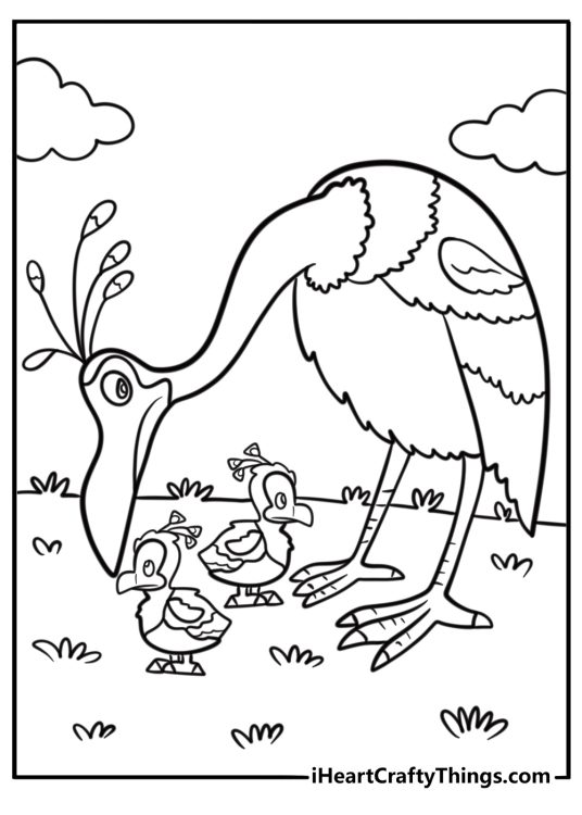 Kevin with her baby birds printable coloring page