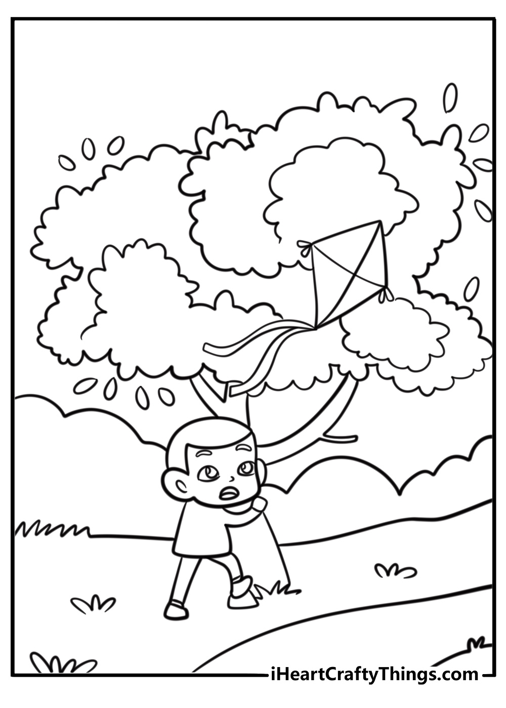 Kite tangled in a tree funny printable coloring page