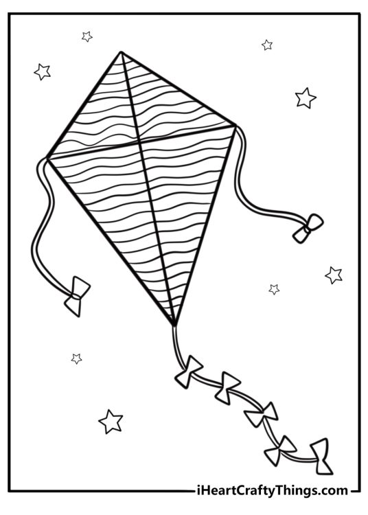 Kite with swirly patterns floating in the wind coloring page