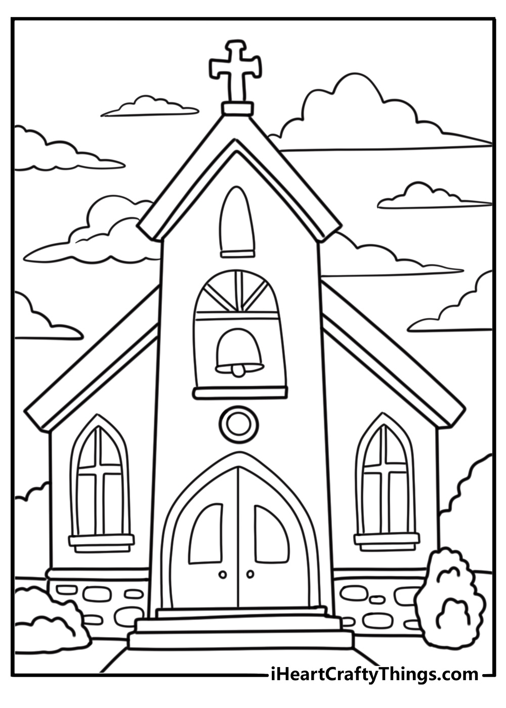 Large cathedral with arched doors coloring page