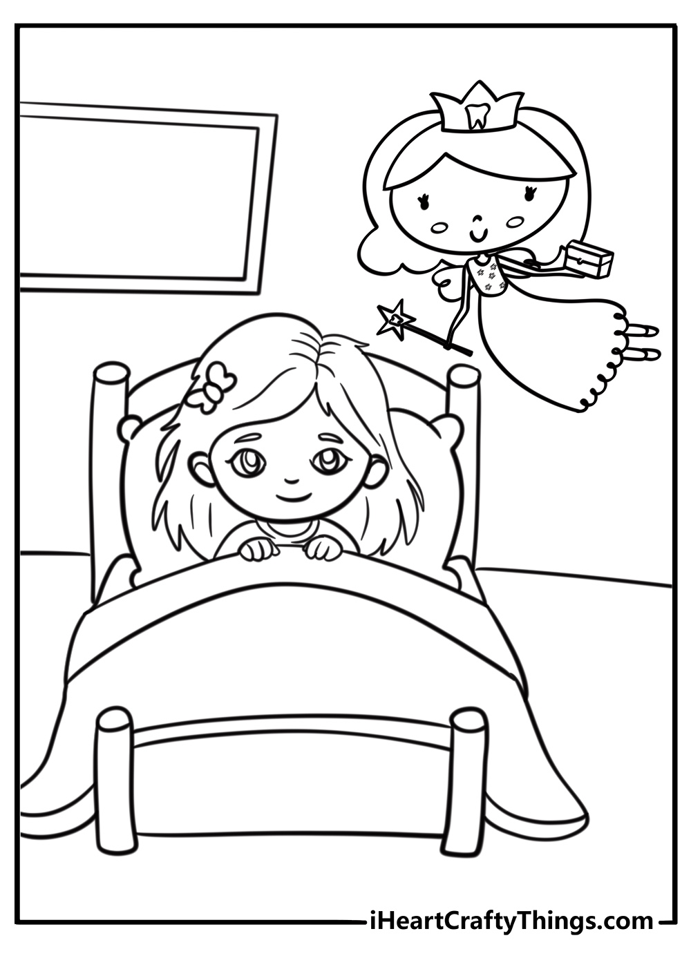 Little girl waking up to a surprise from the tooth fairy free coloring page