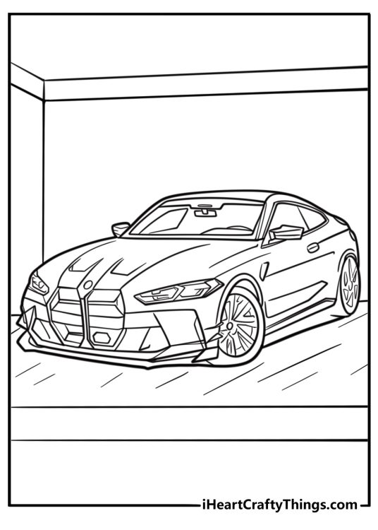 Luxury BMW parked in a city detailed coloring sheet
