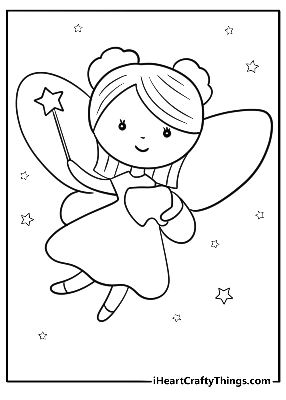 Magical tooth fairy with a trail of sparkles detailed coloring sheet