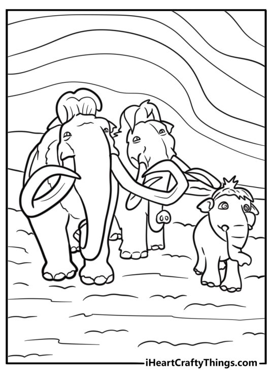 Manny and Ellie walking with baby mammoth Peaches free printable coloring page