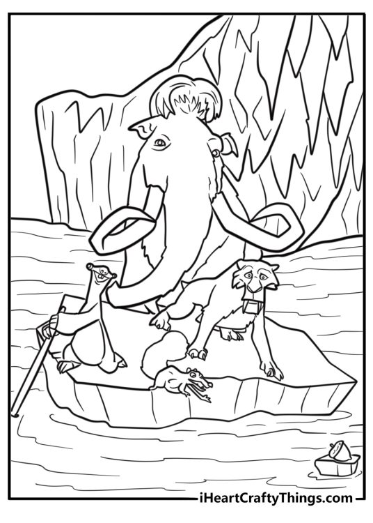 Manny leading the herd through the icy terrain printable coloring page