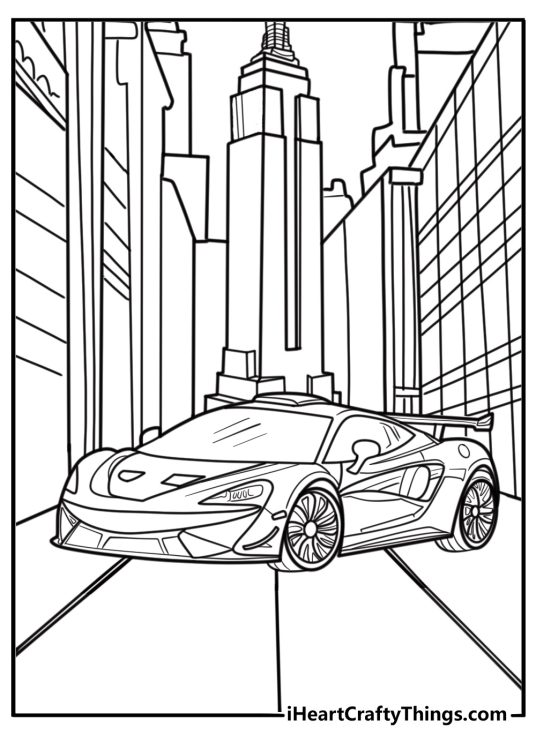 Mclaren car racing through the city detailed coloring sheet