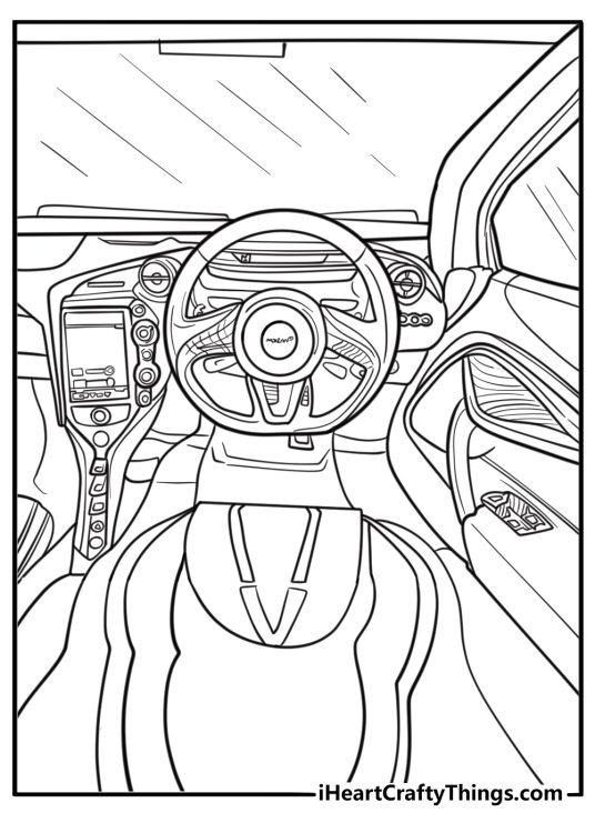 Mclaren cockpit interior fun printable coloring sheet