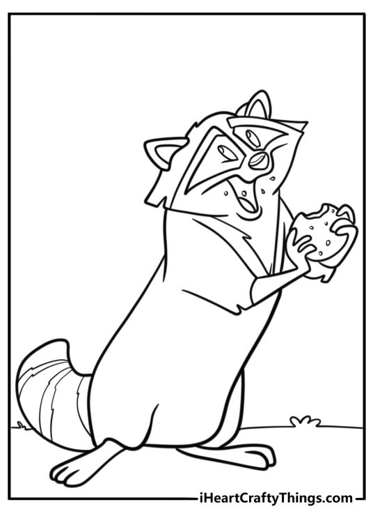 Meeko the raccoon eating a biscuit fun printable coloring sheet